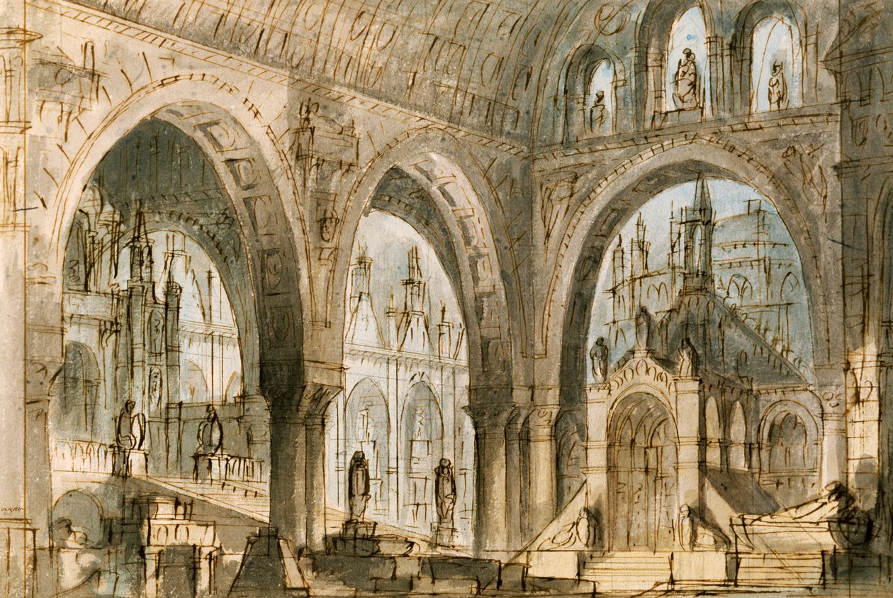 Scenografia: Francesco Bagnara do czwartej sceny Capuleti i Montecchi, opery Vincenzo Belliniego (1801-1835), wystawionej w teatrze La Fenice w Wenecji autorstwa Vincenzo Bellini