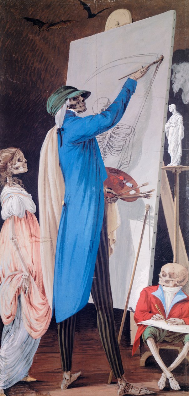 Malarz i jego żona z karłem, z Cyklu Scen Żywych Szkieletów, Paolo Vincenzo Bonomini (1757-1839), tempera na płótnie Kościół Santa Grata Inter Vites, w Borgo Canale, Bergamo, Włochy autorstwa Vincenzo Bonomini