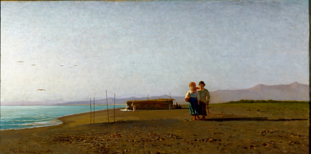 Widok na plażę w Viareggio poranne słońce na toskańskim wybrzeżu, dwie sylwetki dzieci. Obraz Vincenzo Cabianca (1827-1902) autorstwa Vincenzo Cabianca