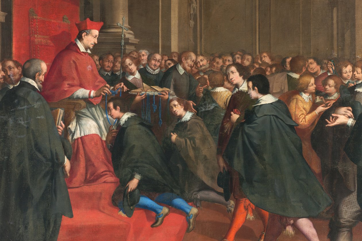 Mediolan, kościół San Francesco da Paola, Fratelli Campi, kardynał Federico organizuje grupę mistrzów doktryny chrześcijańskiej autorstwa Vincenzo and Campi Antonio Campi