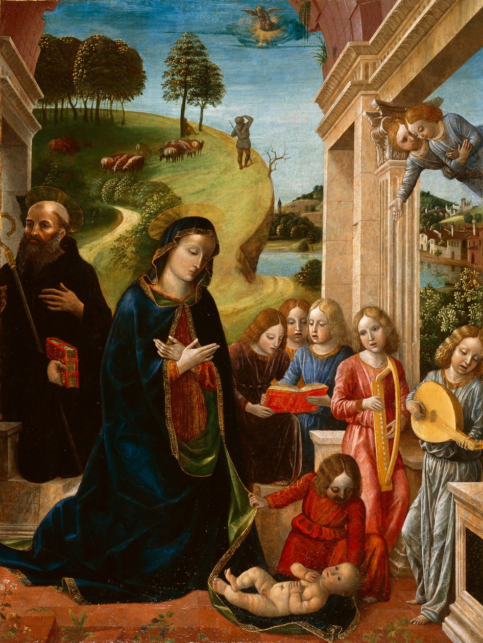 Adoracja Dzieciątka ze św. Benedyktem i Aniołami, ok. 1478 (tempera na płótnie) autorstwa Vincenzo Foppa