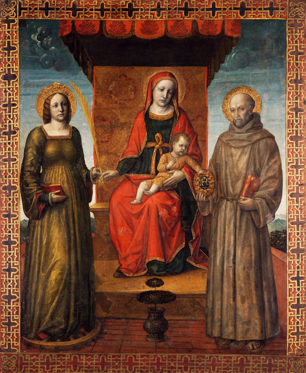 Madonna z Dzieciątkiem na tronie ze świętymi Bernardynem i Katarzyną Aleksandryjską, rewers sztandaru procesyjnego Orzinuovi, autorstwa Vincenzo Foppy (ok. 1427 - ok. 1515), obraz na płótnie. autorstwa Vincenzo Foppa