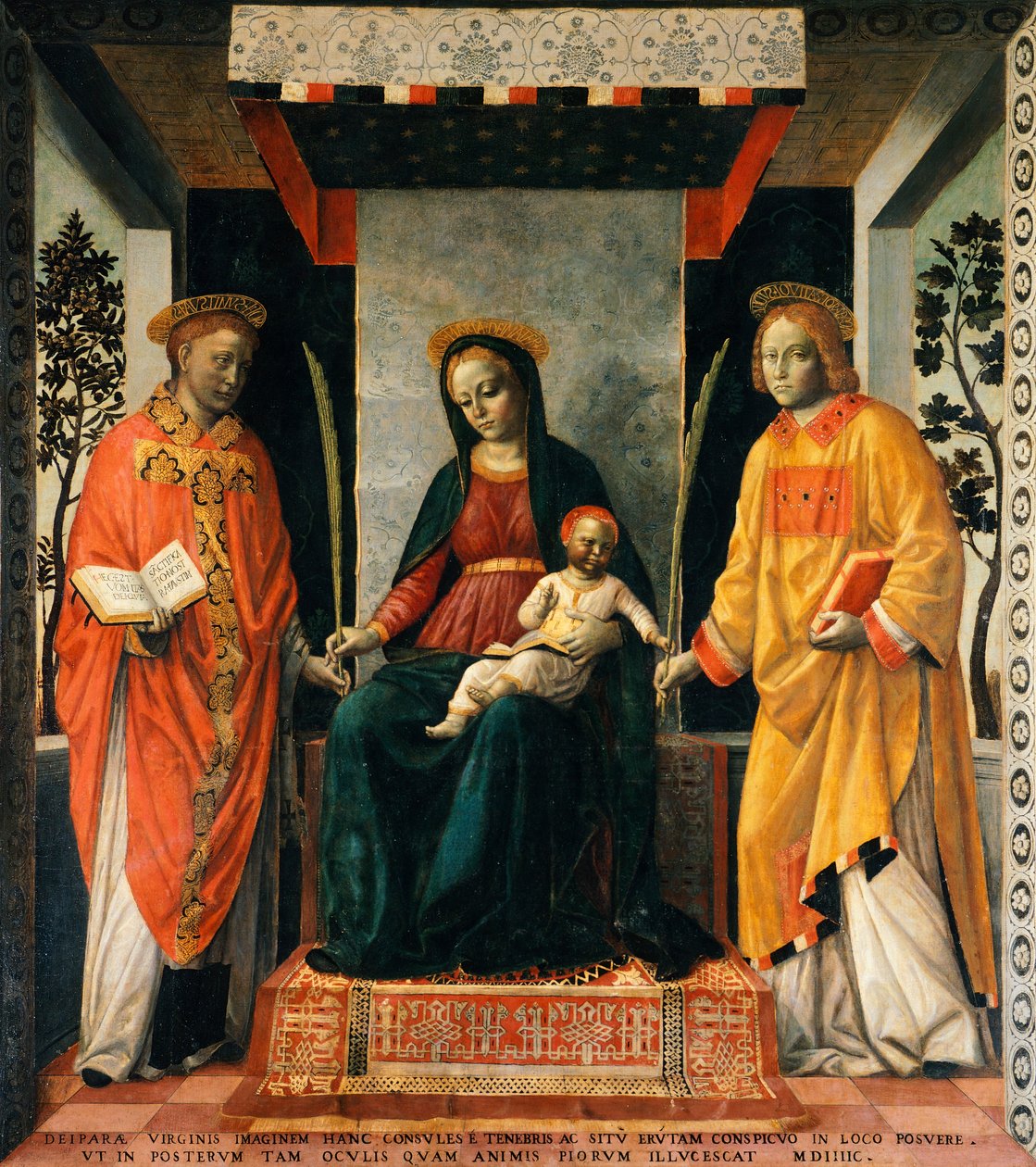 Madonna z Dzieciątkiem między św. Faustynem a św. Jowitą, Vincenzo Foppa (ok. 1427-ok. 1515), Tempera na płótnie, 205x226 cm autorstwa Vincenzo Foppa