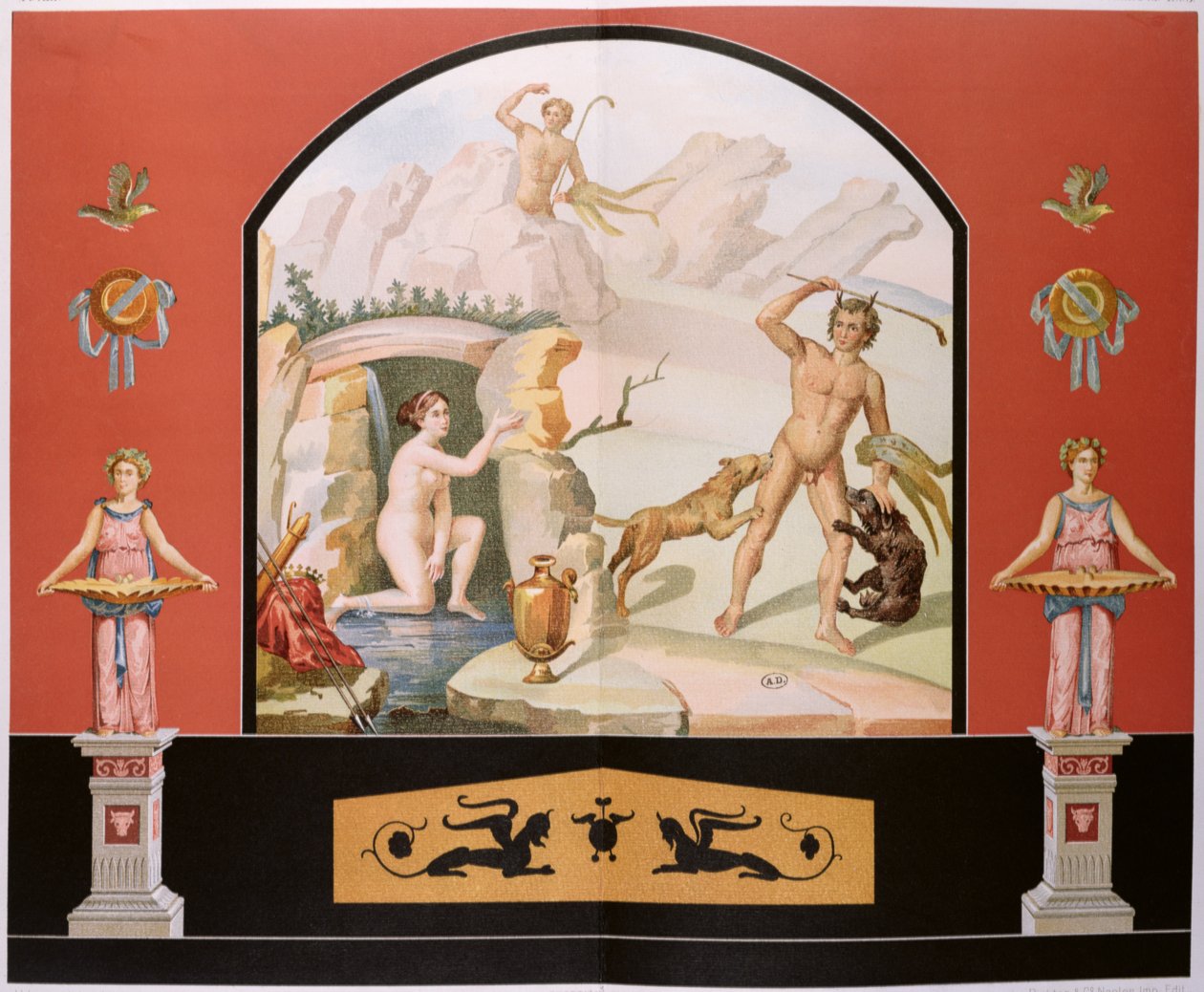 Actaeon odkrywa boginię Dianę w jej łaźni, rekonstrukcja fresku w Domu Sallusta w Pompejach autorstwa Vincenzo Loria