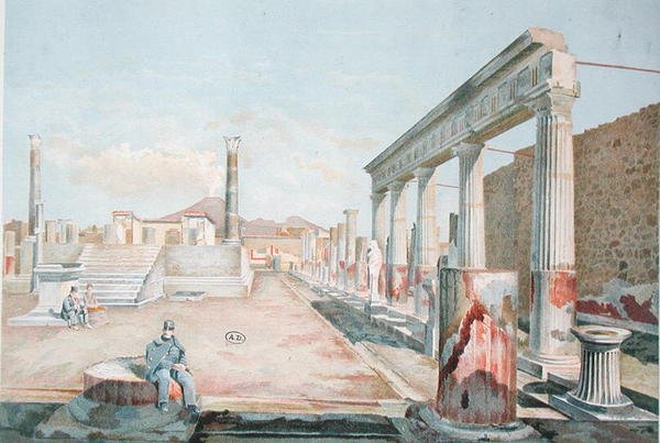 Strażnik siedzący wśród ruin Pompejów (kolor lito) autorstwa Vincenzo Loria