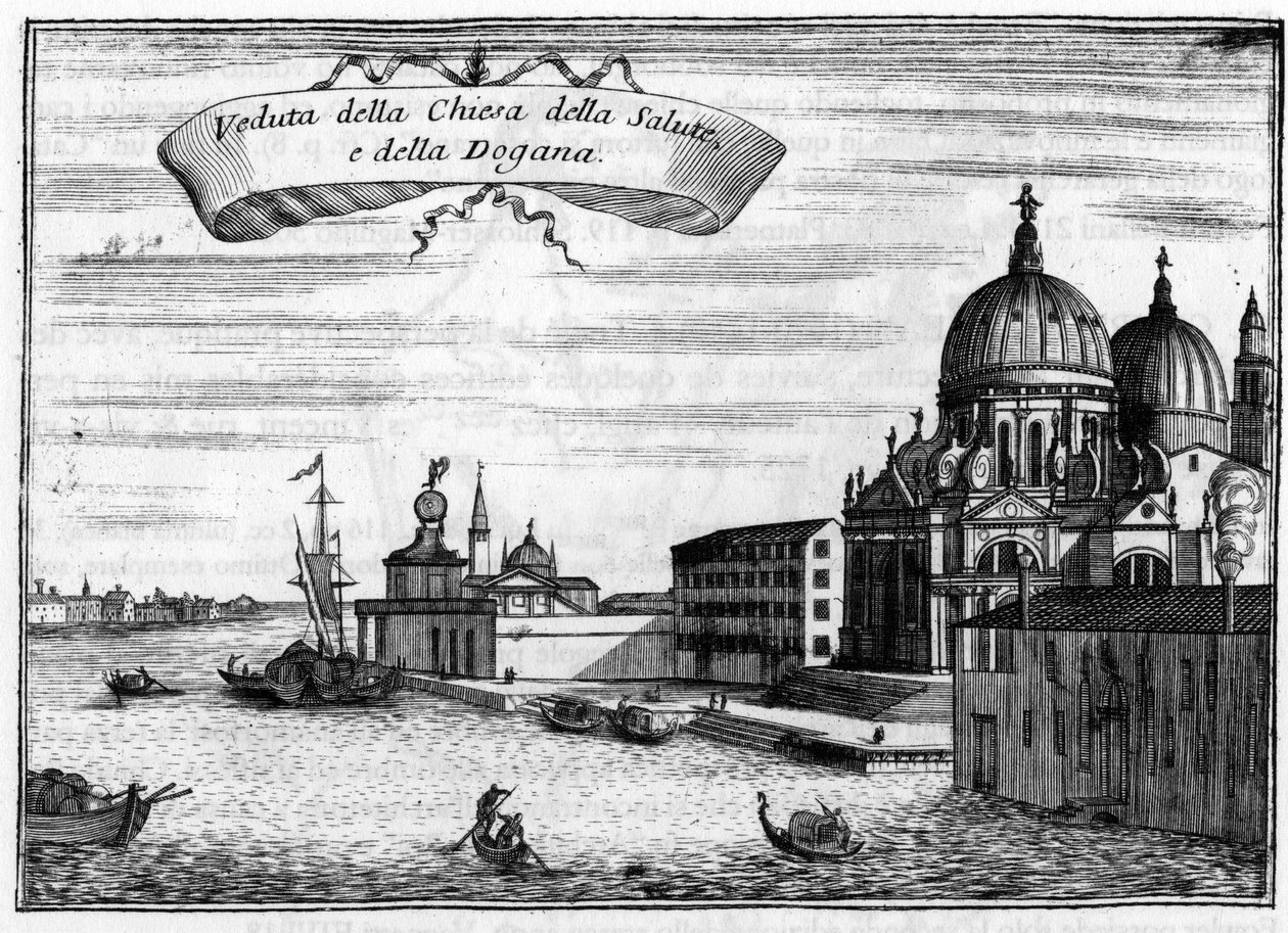 Wenecja, Włochy. Kościół Santa Maria della Salute zaprojektowany przez architekta Baldassare Longhena oraz Urząd Celny Morski. W „”Singularity of Venice”” Vincenzo Coronelli (1650-1718). autorstwa Vincenzo Maria Coronelli