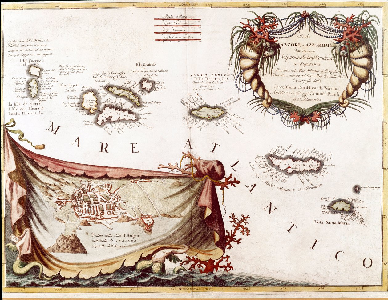 Widok na archipelag Wysp Azorów na Oceanie Atlantyckim (rycina autorstwa Vincenzo Maria Coronelli