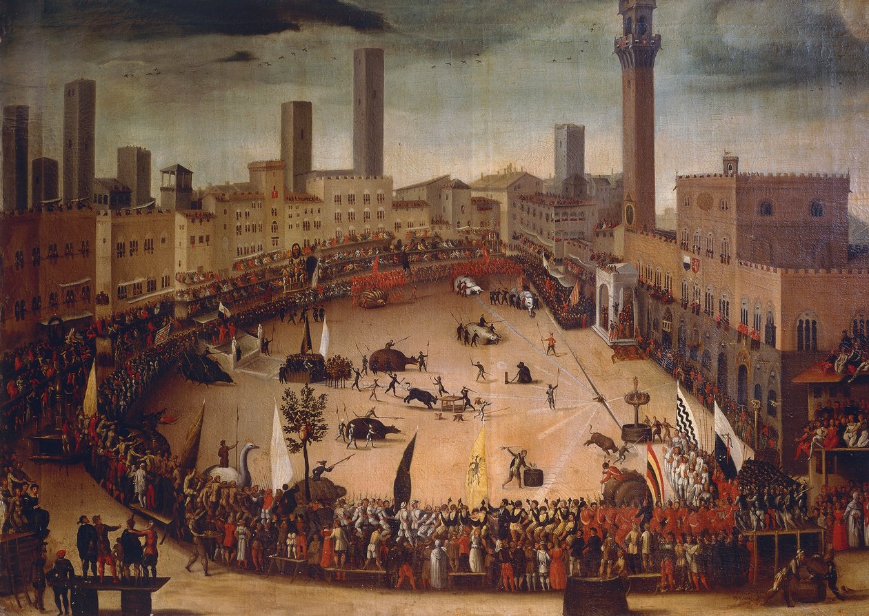 Polowanie na byki na Piazza del Campo w 1546 r., ok. 1585 r., obraz Vincenzo Rustici (1556-1632), olej, płótno autorstwa Vincenzo Rustici
