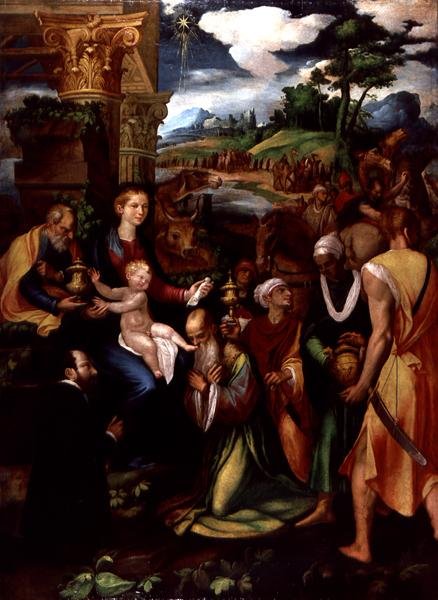 Adoracja Trzech Króli z Darczyńcą (olej i tempera na panelu) autorstwa Vincenzo da (d.1557) Pavia