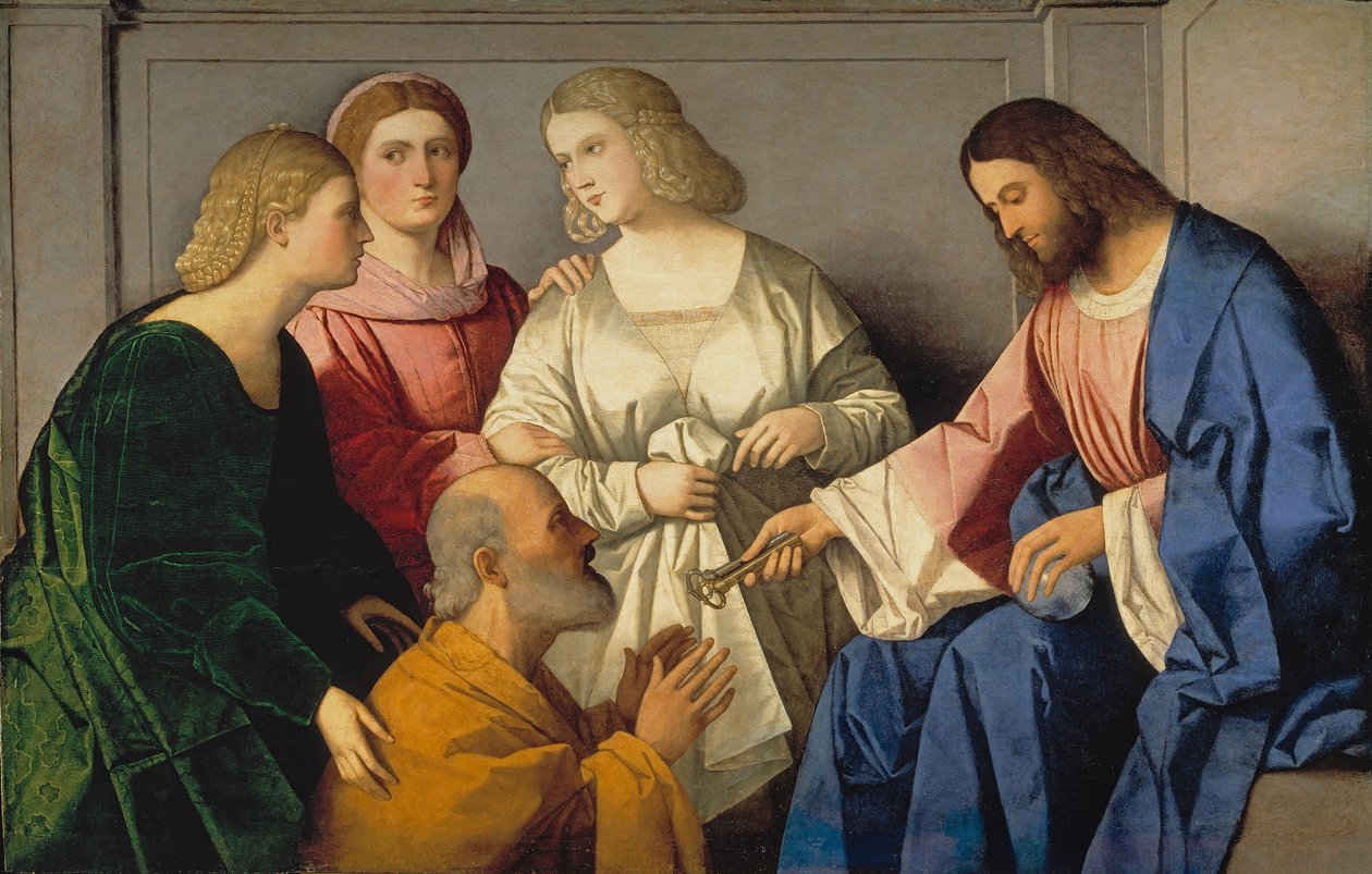 La Remise des clefs a saint Pierre - Chrystus dający klucze świętemu Piotrowi - Catena, Vincenzo di Biagio (ok.1470-1531) - ok. 1470-1531 1520 - Olej na drewnie - 86x135 - Museo del Prado, Madryt autorstwa Vincenzo di Biagio Catena