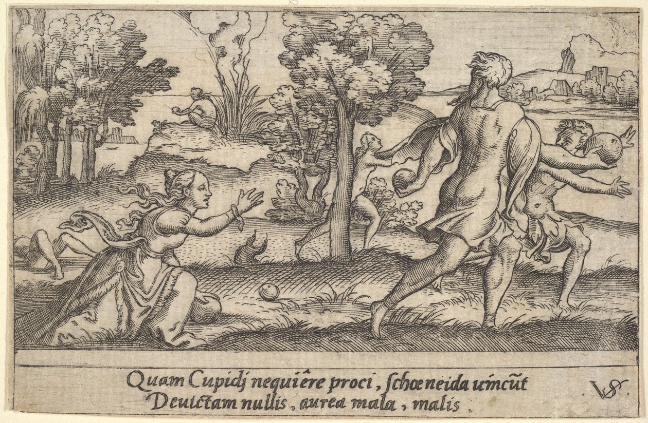 Atalanta i Hippomenes, na pierwszym planie Atalanta klęcząca, by podnieść jabłko i..., ok. godz. 1535-62. autorstwa Virgil Solis