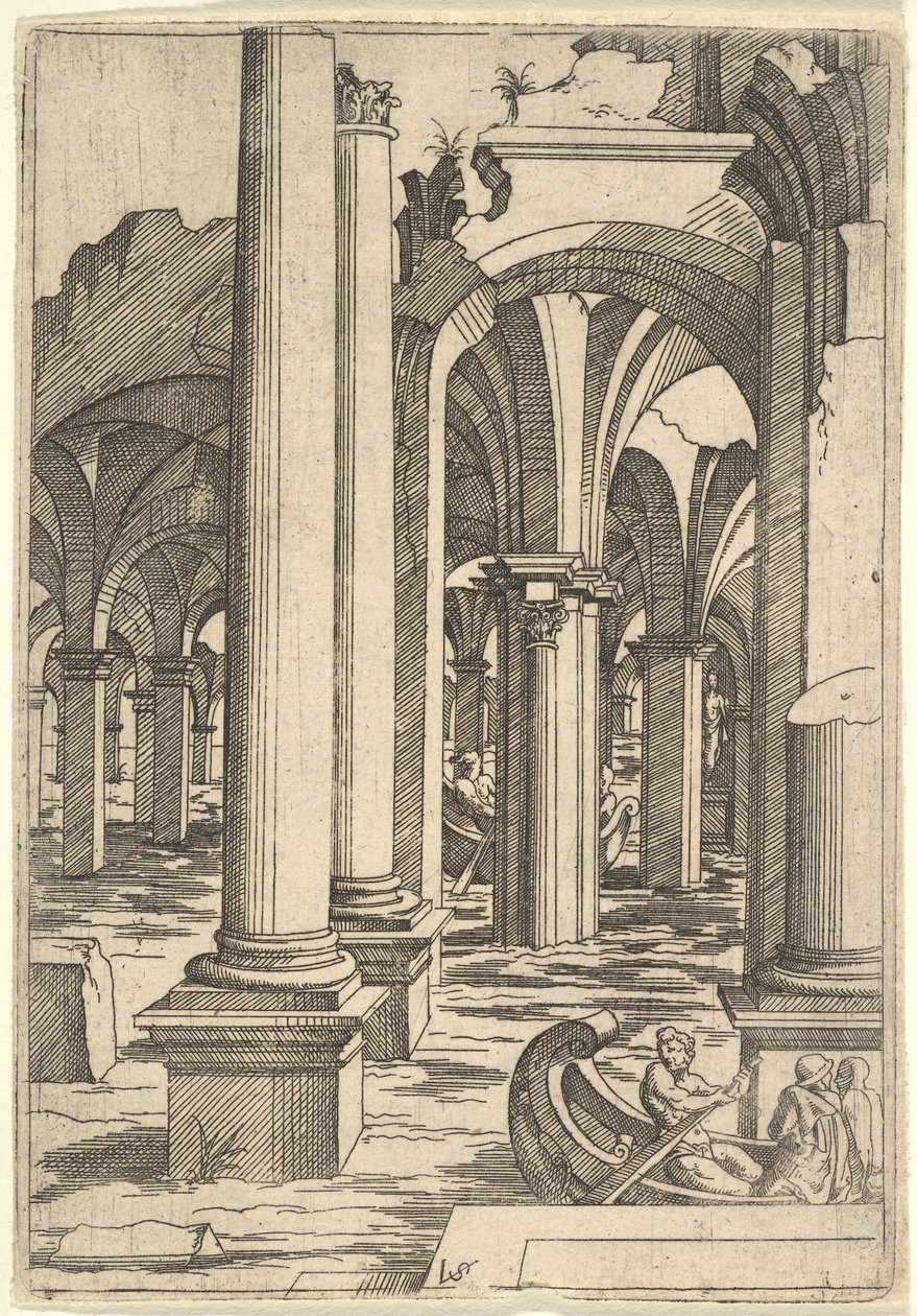 Łodzie wiosłowały przez zalane ruiny, ca. 1550-62. autorstwa Virgil Solis