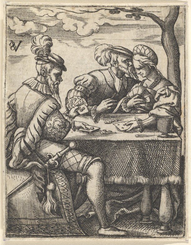 Dwóch mężczyzn i kobieta grają w karty przy stole, jeden mężczyzna przyciska nos do ..., ok. godz. 1535-62. autorstwa Virgil Solis
