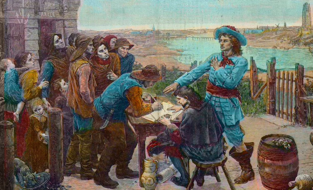 Kors francuski Jean Bart z rybakami w Dunkierce - Kaper Jean Bart (1650-1702) z rybakami z Dunkierki - Grawerowanie po obrazie Virginie Demont-Breton (Demont Breton) zniszczonym podczas II wojny światowej) autorstwa Virginie Demont Breton