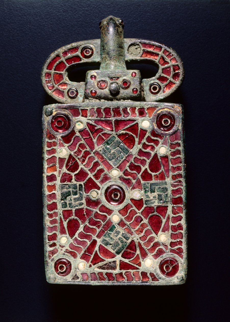 Klamra do paska, ok. 525-560 (brąz z granatami, szkło, masa perłowa, folia złota, ślady złoceń; brąz i szkło) autorstwa Visigothic Visigothic