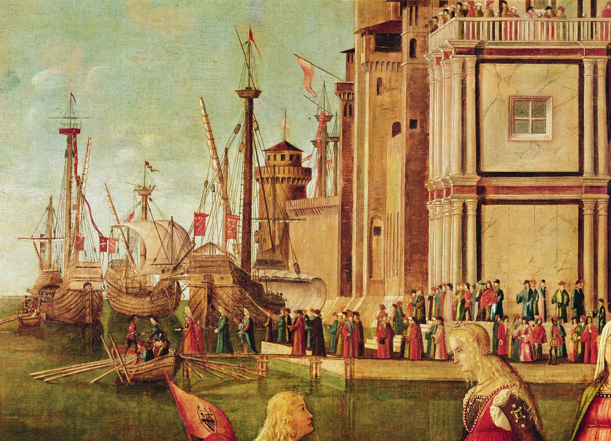 Fragment spotkania Etheriusa i Urszuli oraz wyjazdu pielgrzymów, z cyklu św. Urszuli, ok. 1490-96 (szczegóły z 56472) autorstwa Vittore Carpaccio