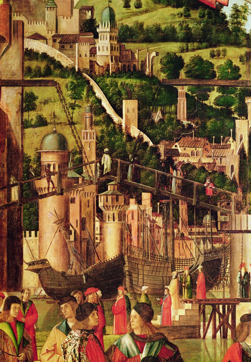 Fragment spotkania Etheriusa i Urszuli oraz wyjazdu pielgrzymów z cyklu św. Urszuli, ok. 1490-96 (szczegóły z 56472) autorstwa Vittore Carpaccio