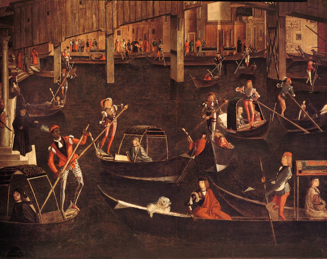 Gondolierzy na Canale Grande, fragment Cudu Relikwii Krzyża Świętego na moście Rialto, 1494 olej na płótnie, fragment 119437 autorstwa Vittore Carpaccio
