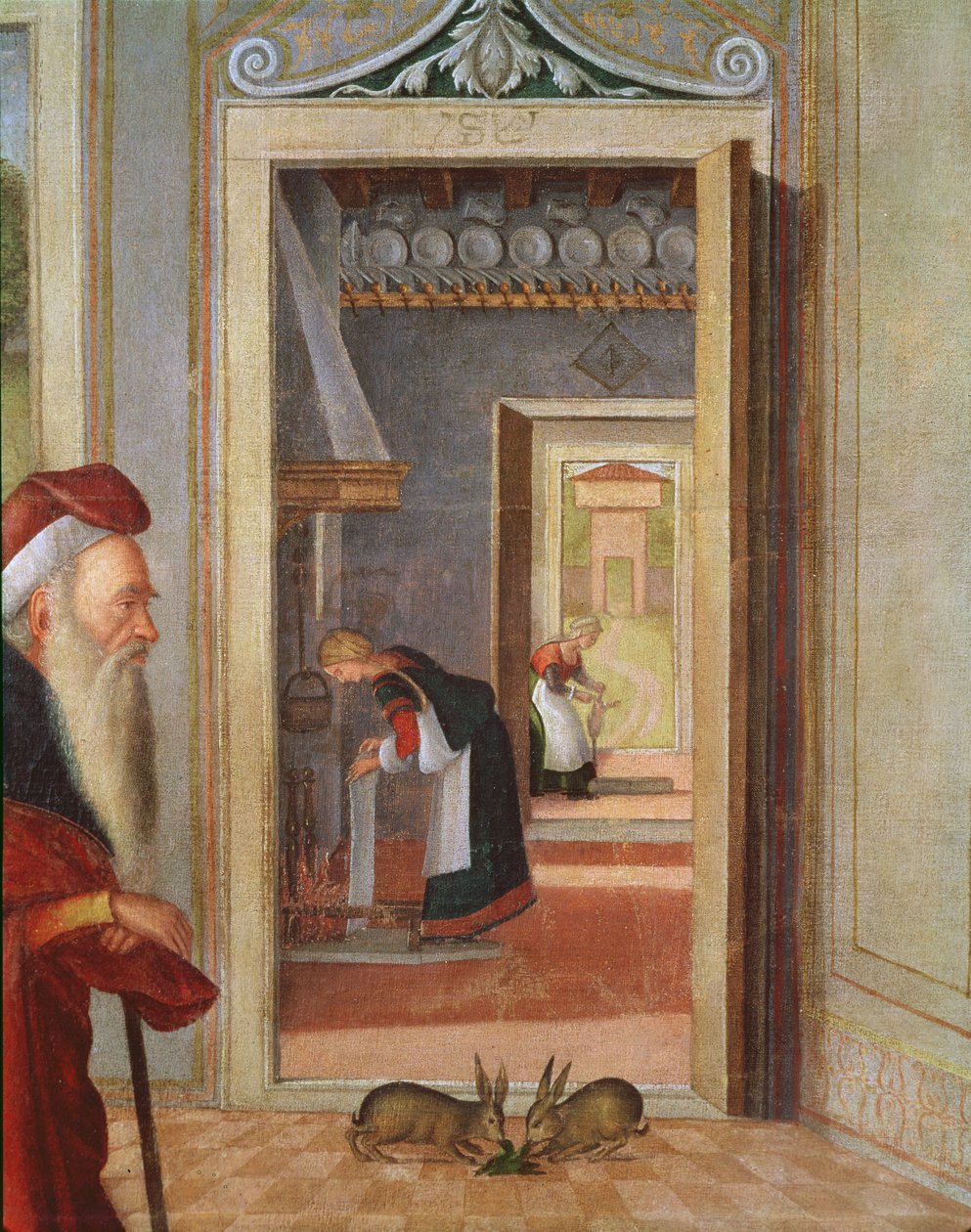 Narodziny Marii, w tle fragment służących, 1504-08 (detal z 352330) autorstwa Vittore Carpaccio