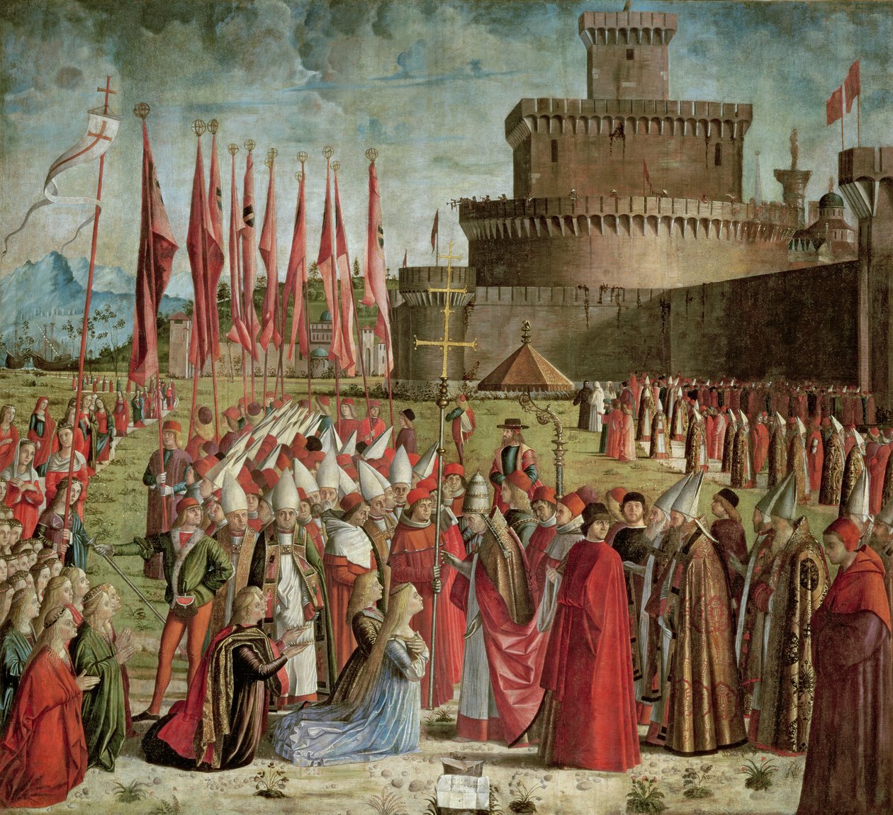 Pielgrzymi spotykają papieża Cyriaca przed murami Rzymu, z cyklu św. Urszuli, 1498 autorstwa Vittore Carpaccio