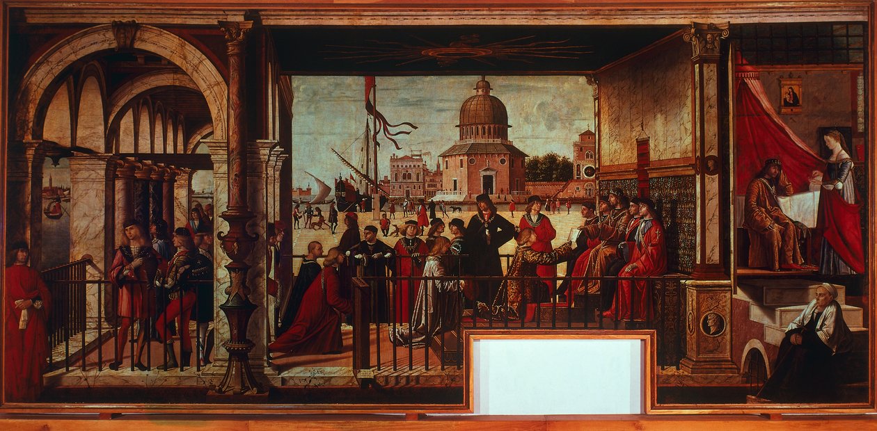 Przybycie ambasadorów Anglii na Dwór Bretanii (obraz) autorstwa Vittore Carpaccio