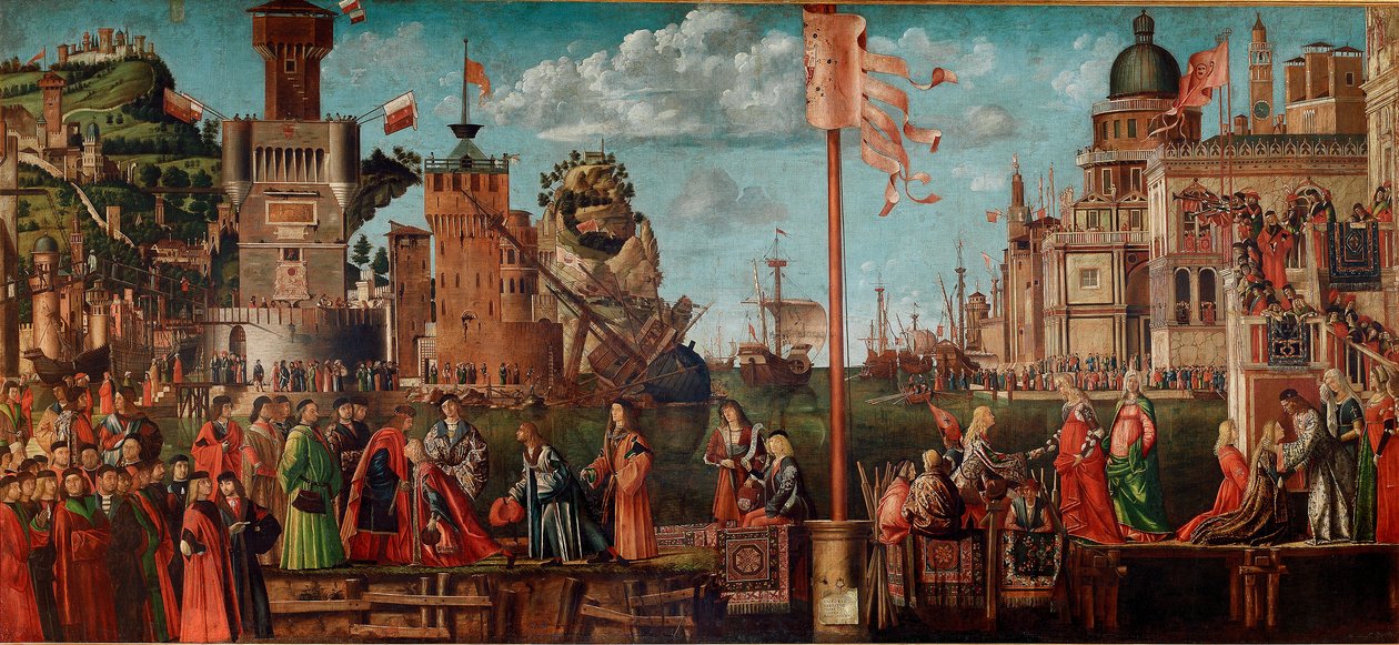Cykl życia św. Urszuli, odcinek czwarty: Spotkanie Zaręczyn i Wyjazd w Pelerinage. (olej na desce autorstwa Vittore Carpaccio