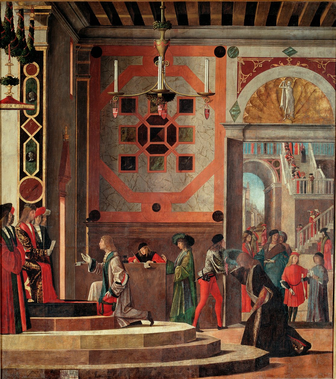 Cykl życia św. Urszuli, stół drugi: Pożegnanie (lub wyjazd) ambasadorów. (olej na desce autorstwa Vittore Carpaccio