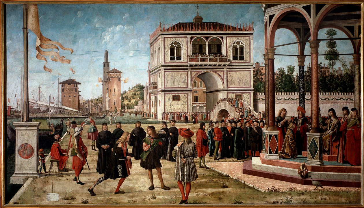 Cykl życia św. Urszuli, odcinek trzeci: powrót Ambasadorów do króla Anglii. (olej na desce autorstwa Vittore Carpaccio