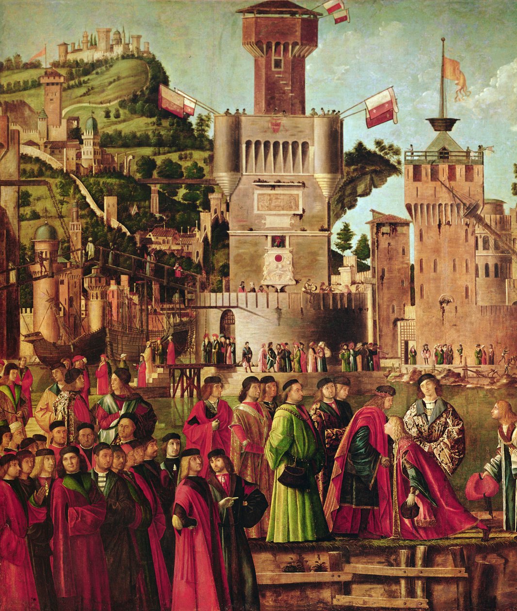 Fragment spotkania Etheriusa i Urszuli oraz wyjazdu pielgrzymów z cyklu św. Urszuli, ok. 1490-96 (szczegóły z 56472) autorstwa Vittore Carpaccio