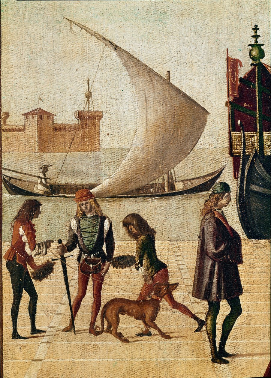 Legenda o św. Urszuli: szczegółowy przyjazd Ambasadorów (ze złotej legendy Jacopo da Varagine) (temperaa na płótnie autorstwa Vittore Carpaccio