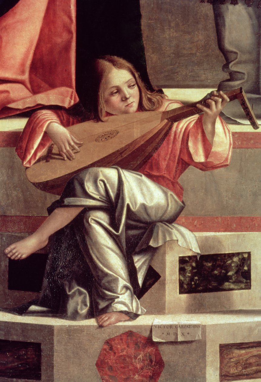 Anioł minstrel grający na lutni, detal z przedstawienia Jezusa w świątyni autorstwa Vittore Carpaccio