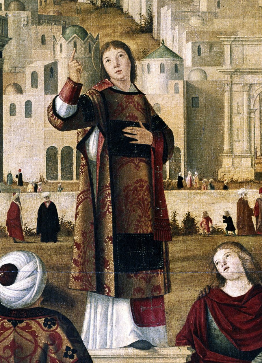 Święty Szczepan. Fragment obrazu "Kazanie świętego Szczepana w Jerozolimie". Obraz autorstwa Vittore Carpaccio. (1450/54-1525/26) autorstwa Vittore Carpaccio