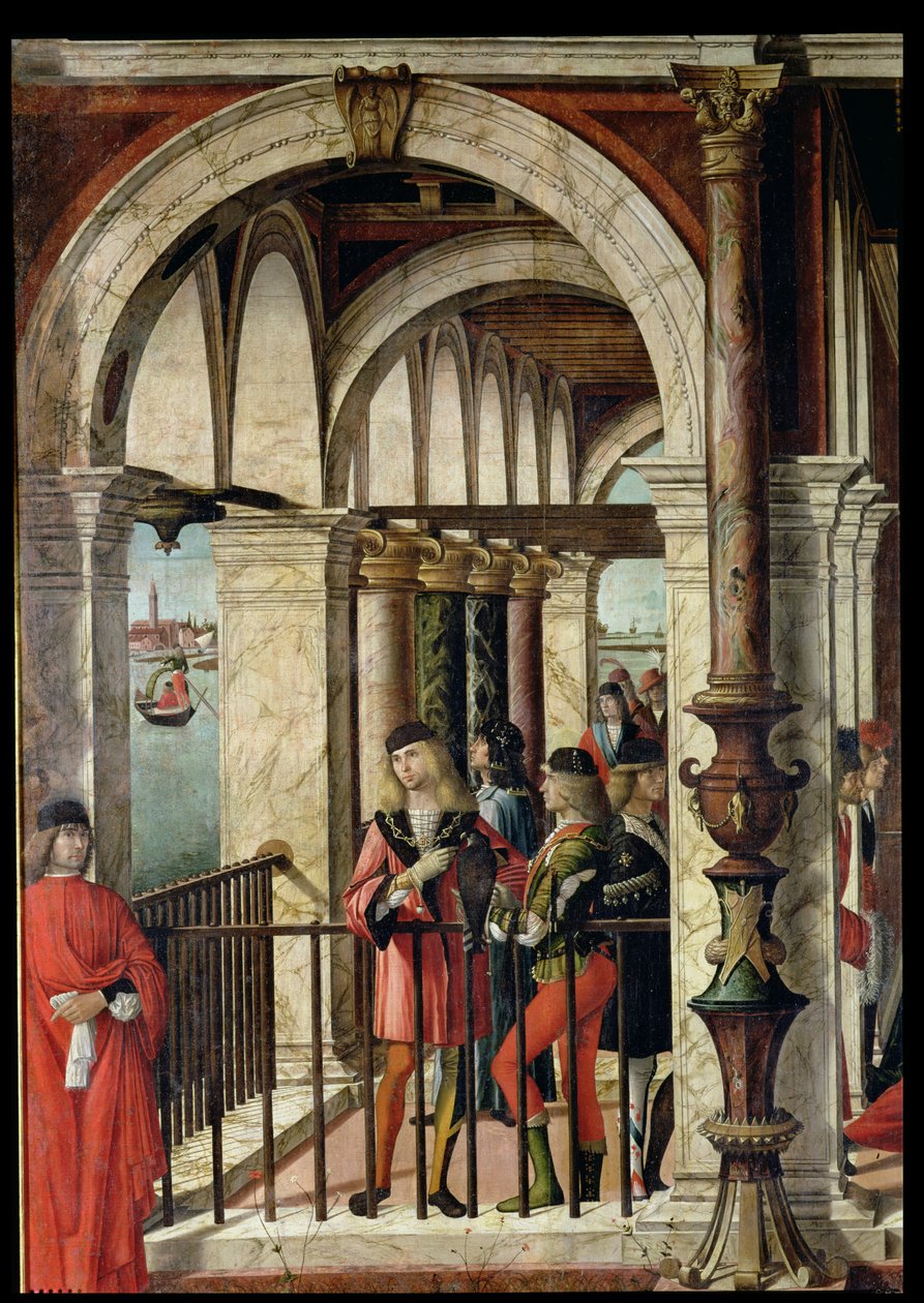 Przybycie ambasadorów angielskich, detal, z cyklu św. Urszuli, 1498 olej na płótnie, detal z 119435 autorstwa Vittore Carpaccio