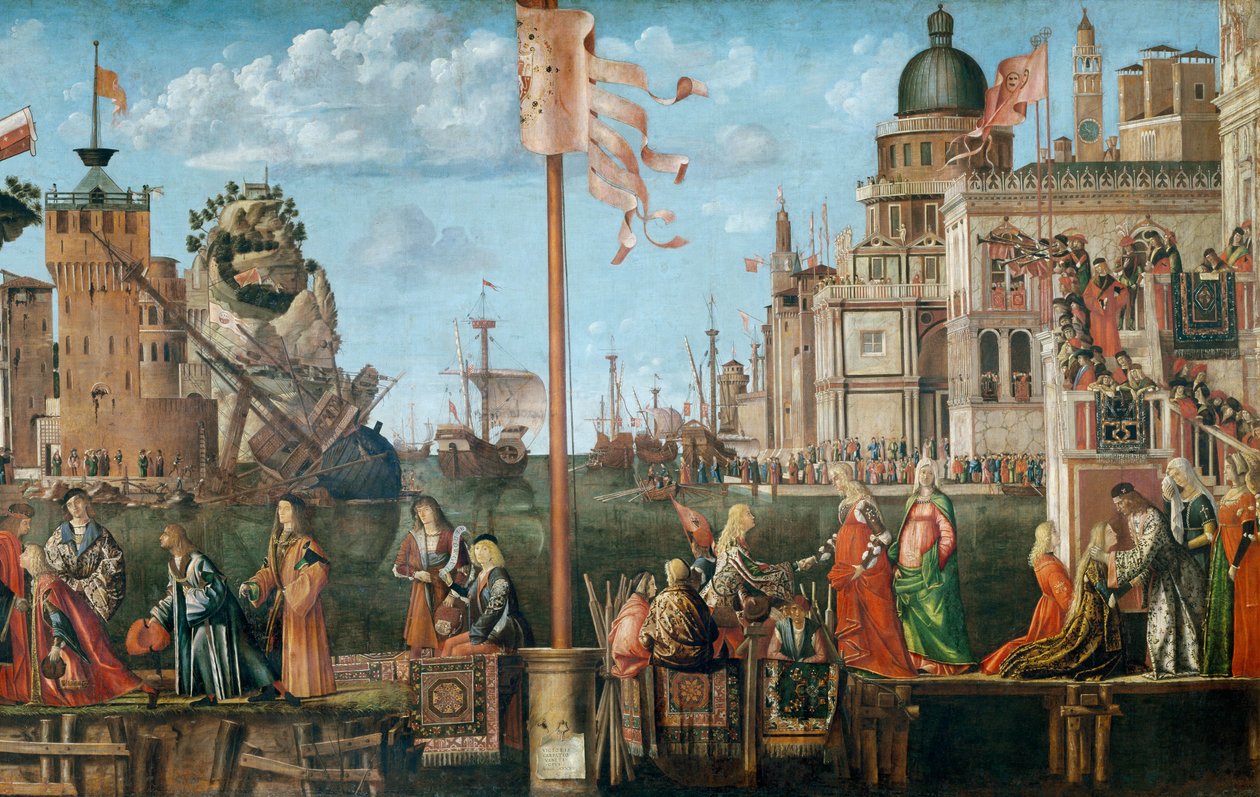Spotkanie Etheriusa i Urszuli oraz wyjazd pielgrzymów z cyklu św. Urszuli, pierwotnie w Scuola di SantOrsola, Wenecja, 1498 (detal z 56472) autorstwa Vittore Carpaccio