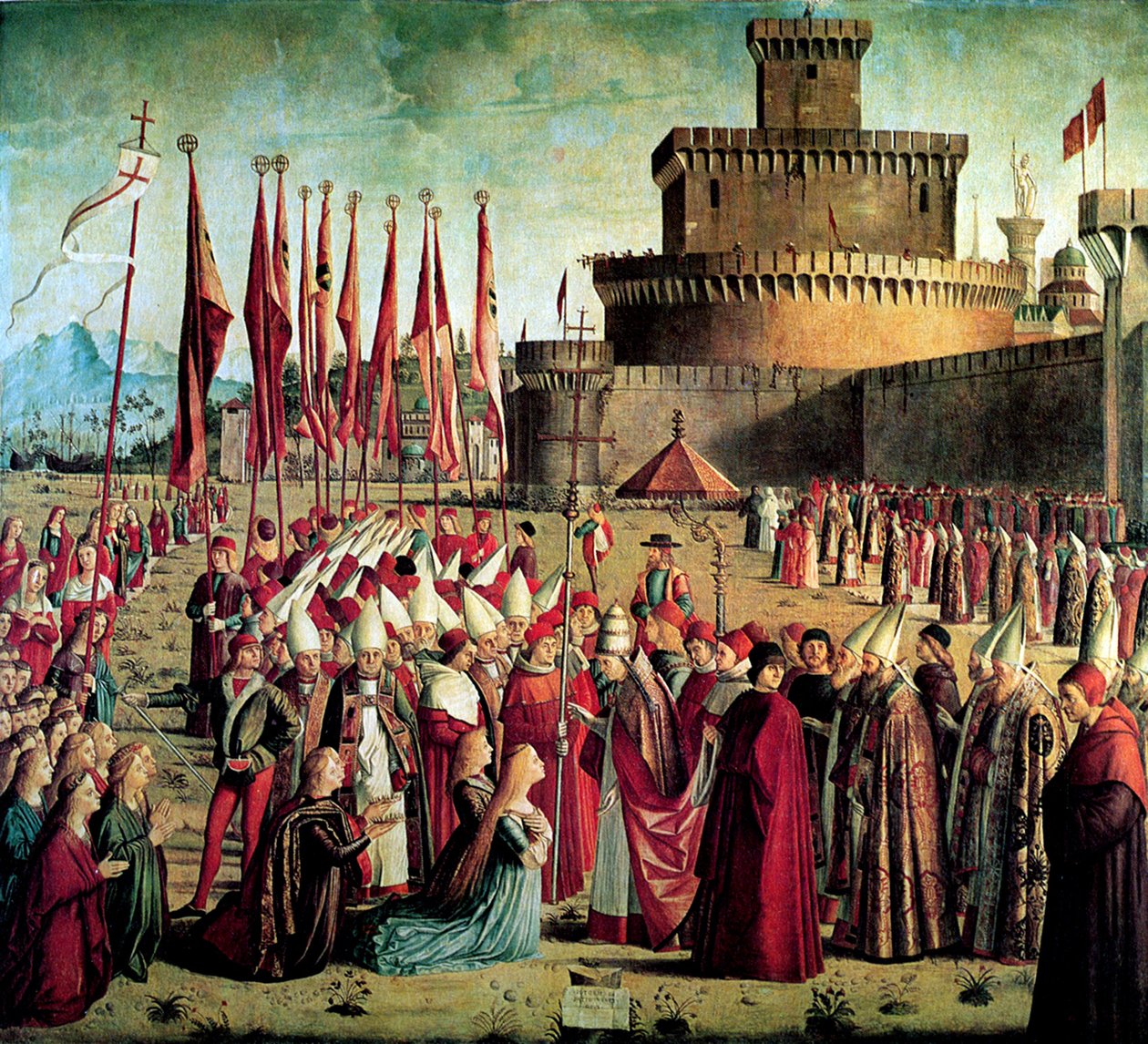 Pielgrzymi spotykają papieża Cyriakosa przed murami Rzymu Legenda o św. Urszuli, 1497 autorstwa Vittore Carpaccio