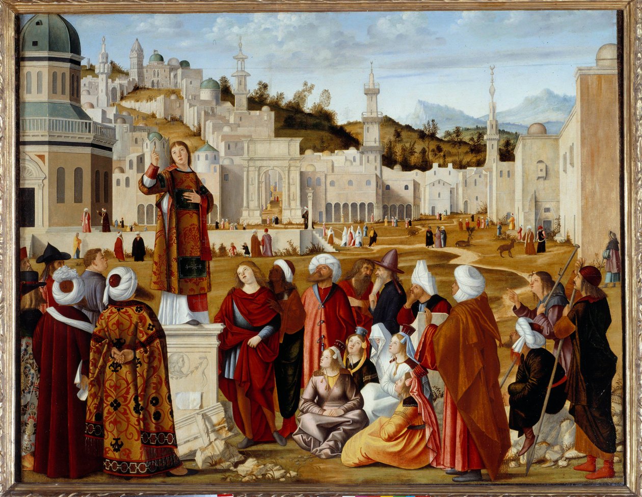 Przepowiednia św. Obraz Vittore Carpaccio (1450/54-1525/26) Nd. 1,4x1,9 m - Kazanie św. Szczepana (St. Etienne) w Jerozolimie. To autorstwa Vittore Carpaccio