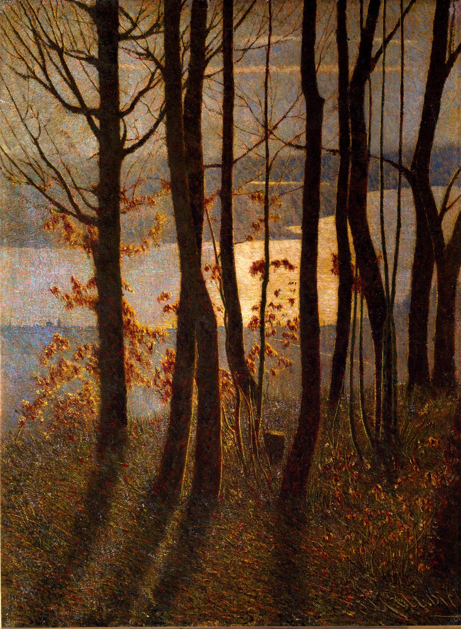 Poranek lub „Poemat panteistyczny”” Krajobraz zarośli w pobliżu zbiornika wodnego o świcie. Obraz Vittore Grubicy of Dragon (1851-1920) Mediolan, Galleria d