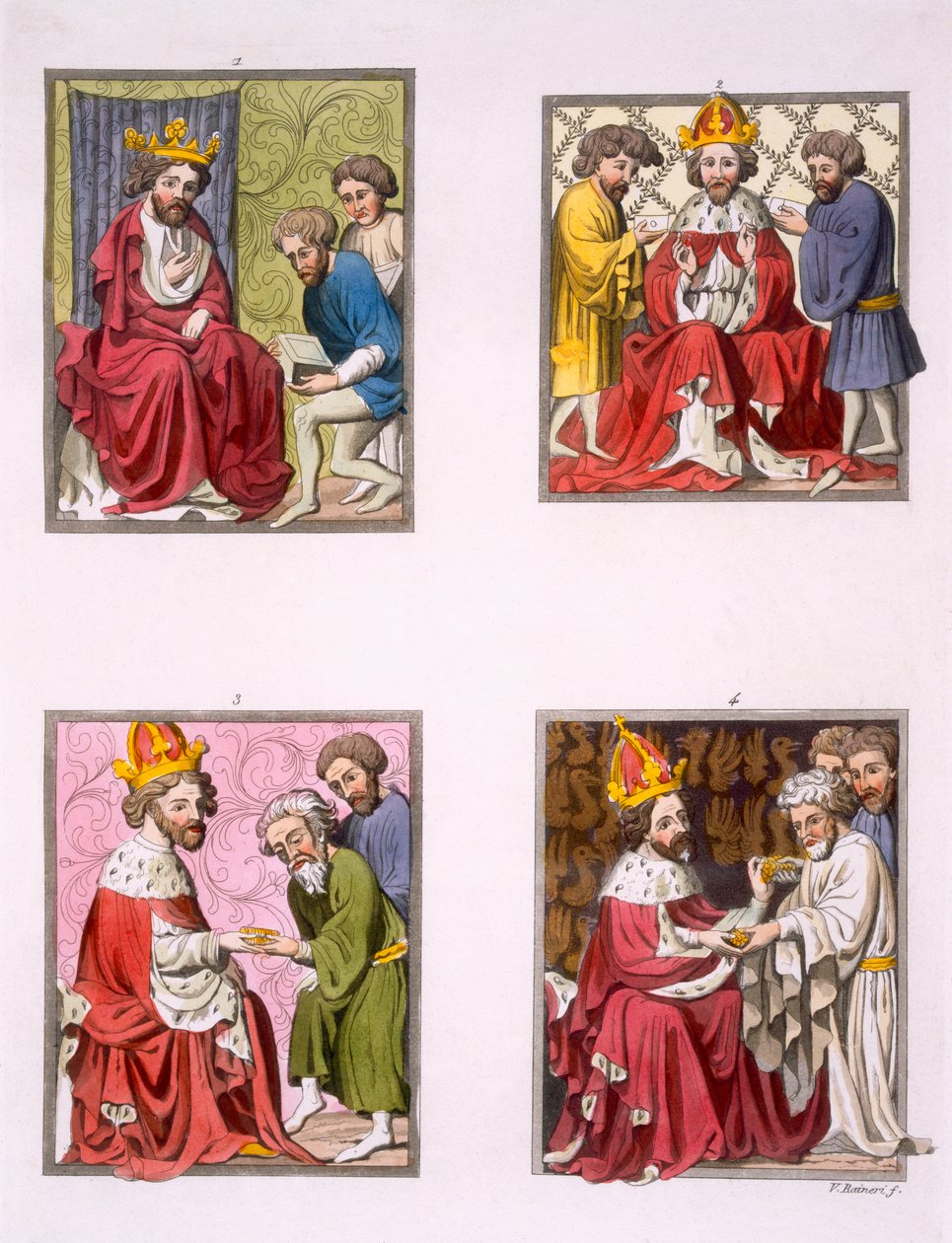 Różne rytuały związane z systemem monetarnym w czasach Maksymiliana I, z "Costume dei Romani", ok. 1800-18 (rycina kolorowa) autorstwa Vittorio Raineri
