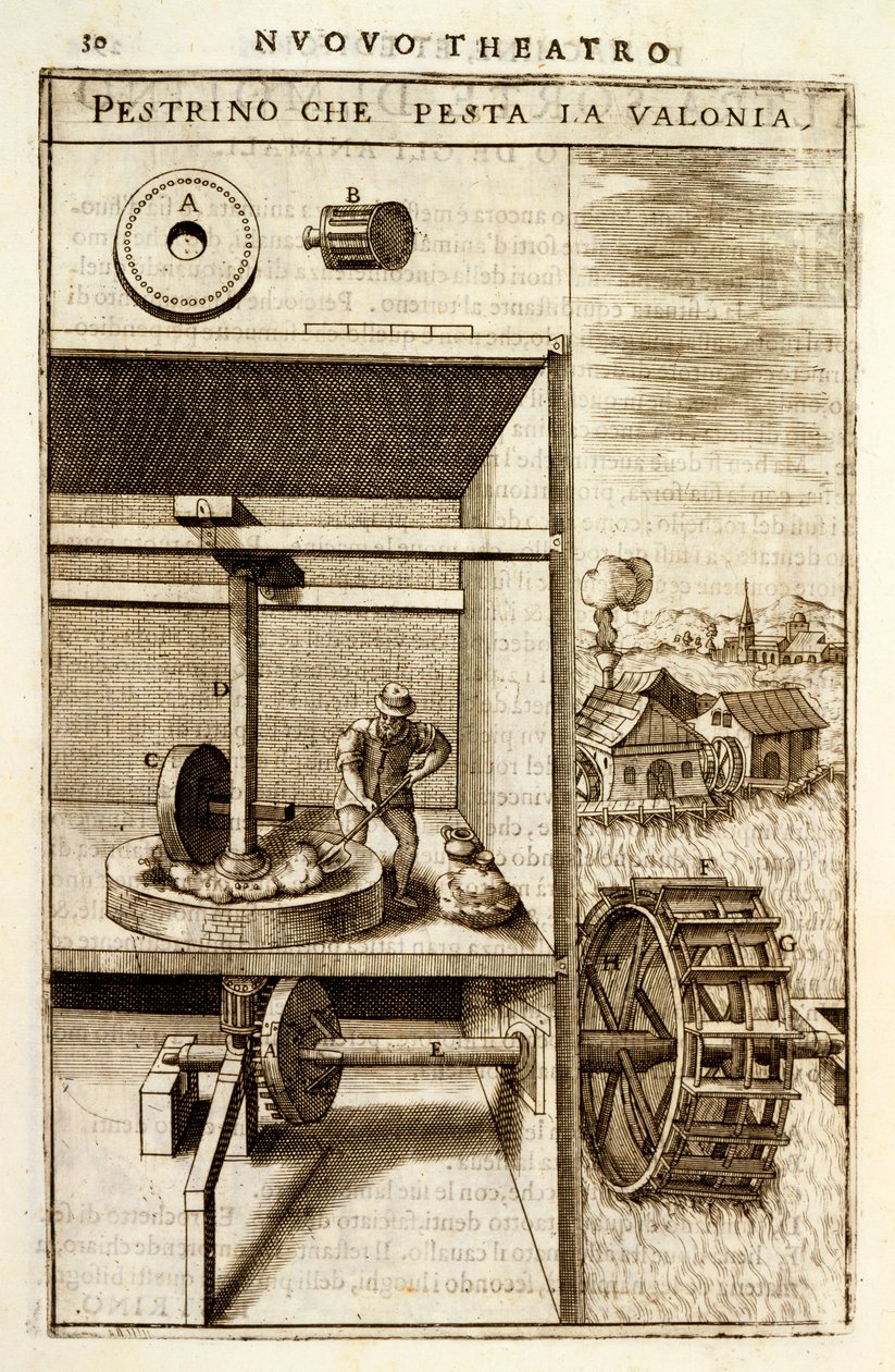 Napędzana wodą maszyna do kruszenia lub mielenia, 1607 autorstwa Vittorio Zonca