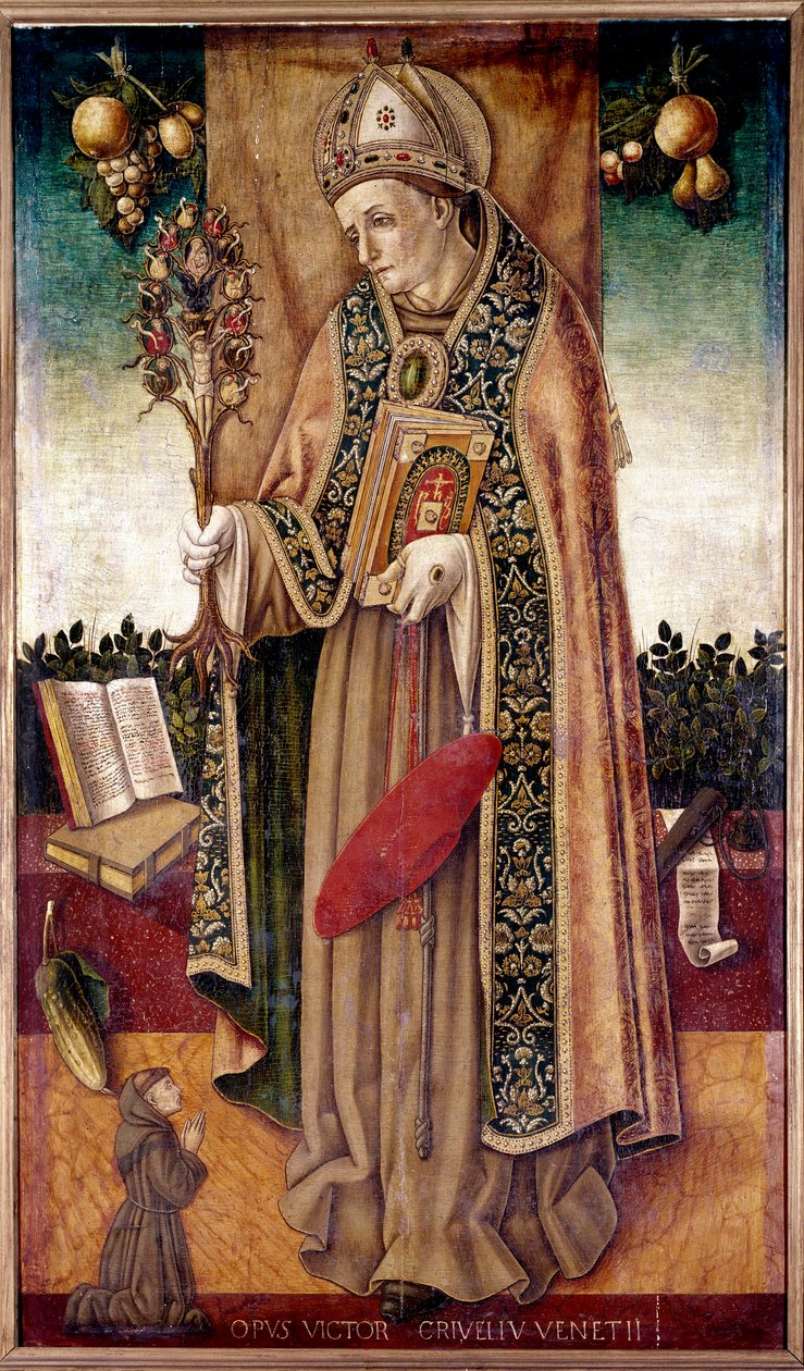 Reprezentacja św. Bonawentury (San bonawentura) trzymającego drzewo odkupienia Bonawentura Tolomei był dominikaninem w Sienie, zmarłym w 1348 r. na skutek zarazy”” Obraz Vittore Crivelli (1440-1502) XVI-wieczny Paryż, Musee Jacquemart Andre autorstwa Vittorio Crivelli