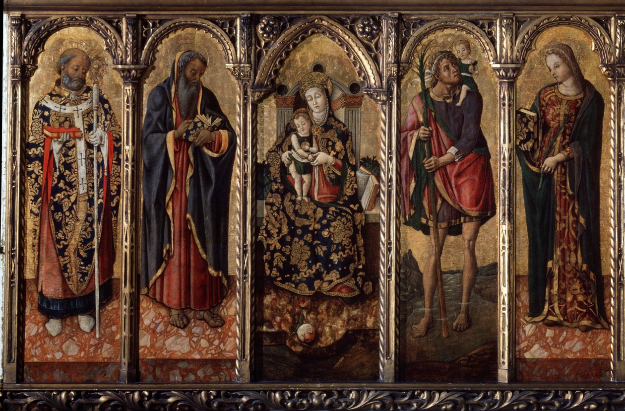 „Madonna z Dzieciątkiem i Świętymi”” Reprezentowani są: św. Mikołaj z Myre lub Bari (270-345), św. Antoni opat (św. Antoni Wielki (250/251-356) (lub św. Święta Katarzyna (z Aleksandrii?). autorstwa Vittorio Crivelli