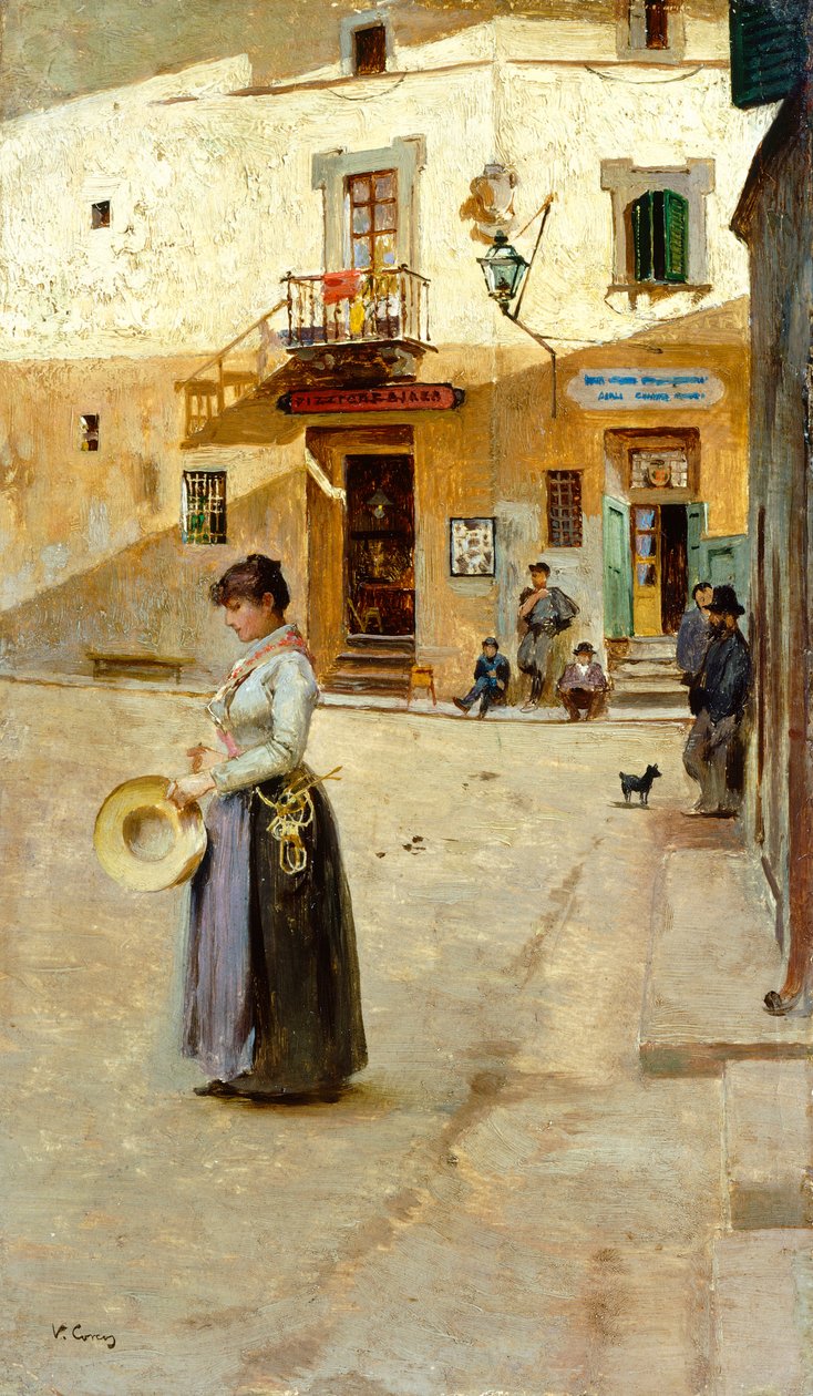 W kwadracie, Vittorio Matteo Corcos (1859-1933), olej na desce, 23x13 cm, ok. 1885 r. autorstwa Vittorio Matteo Corcos