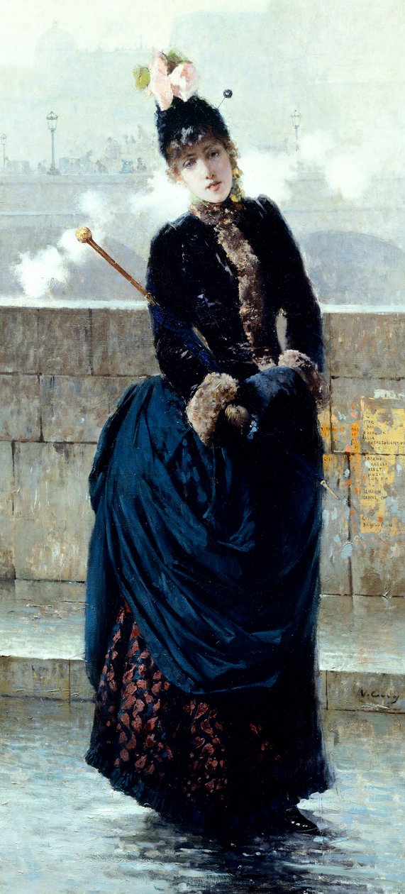 Dama na moście w Paryżu – Vittorio Matteo Corcos (1859-1933), olej na płótnie autorstwa Vittorio Matteo Corcos