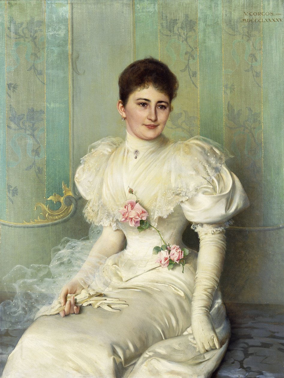 Portret damy siedzącej długości 3/4, ubranej w białą sukienkę autorstwa Vittorio Matteo Corcos