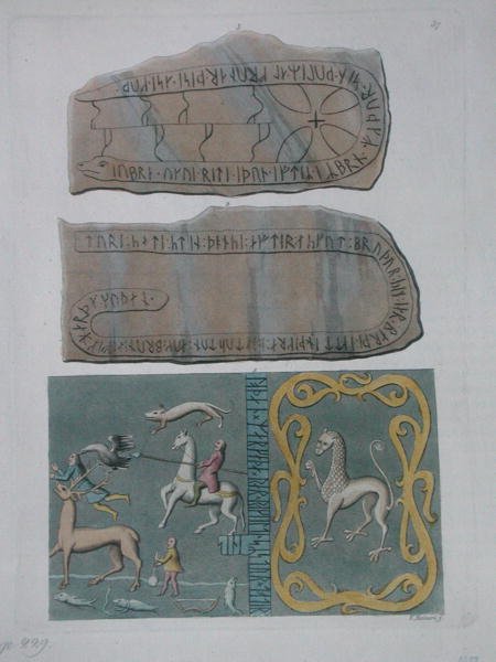 Dywan z Adeland i kamienie z inskrypcjami runicznymi, z „Le Costume Ancien et Moderne” Julesa Ferrario, ok.1820 (kolorowa grawerunek) autorstwa Vittorio Raineri