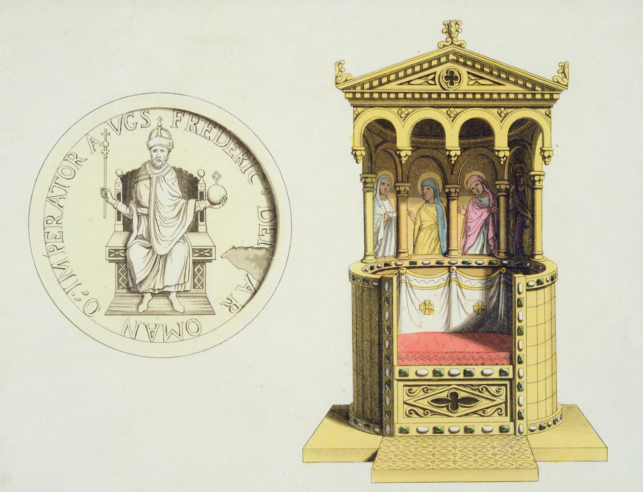 Moneta i tron Fryderyka Barbarossy (ok.1123-90) z „Le Costume Ancien et Moderne”, autorstwa Julesa Ferrario, wydana ok. 1820-30 (kolor lito) autorstwa Vittorio Raineri