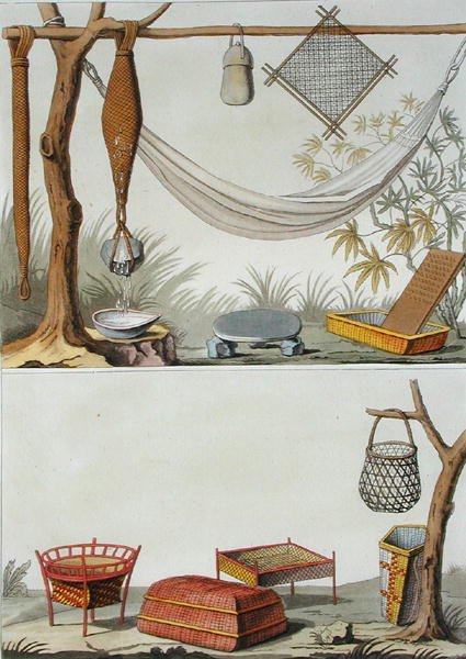 Narzędzia i meble domowe, plemię Caribów, Antyle Holenderskie, płyta 69 z „Le Costume Ancien et Moderne” Julesa Ferrario, wydana ok. 1820-30 (kolor litho) autorstwa Vittorio Raineri