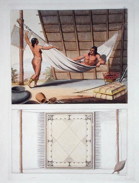 Wnętrze domu, plemię Carib, Antyle Holenderskie, tablica 67 z "Le Costume Ancien et Moderne" Jules Ferrario, opublikowana ok. lat 20-30 XIX w. (litografia kolorowa) autorstwa Vittorio Raineri