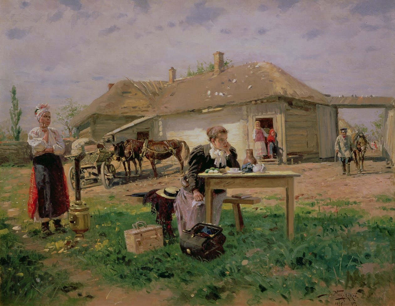Przybycie nauczycielki szkolnej na wieś, 1897 autorstwa Vladimir Egorovic Makovsky