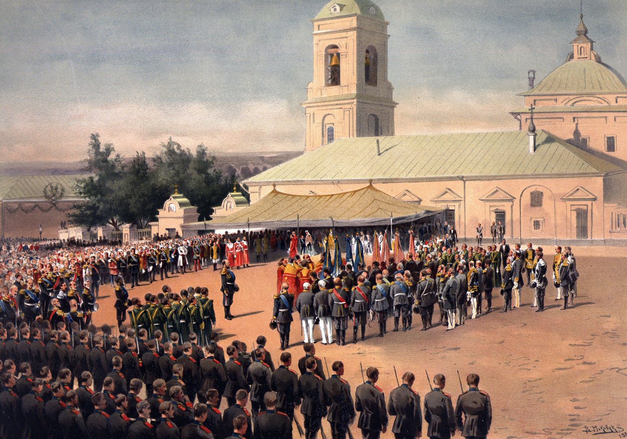Album Koronacji cara Aleksandra III Rosji (1845-1894) i cesarzowej Marii Fiodorowny (Dagmar Danii) (1847-1928) - Poświęcenie flag pułków Preobrazhensky (pułk Preobrazhensky) i Semenovsky (pułk nasienia autorstwa Vladimir Egorovic Makovsky
